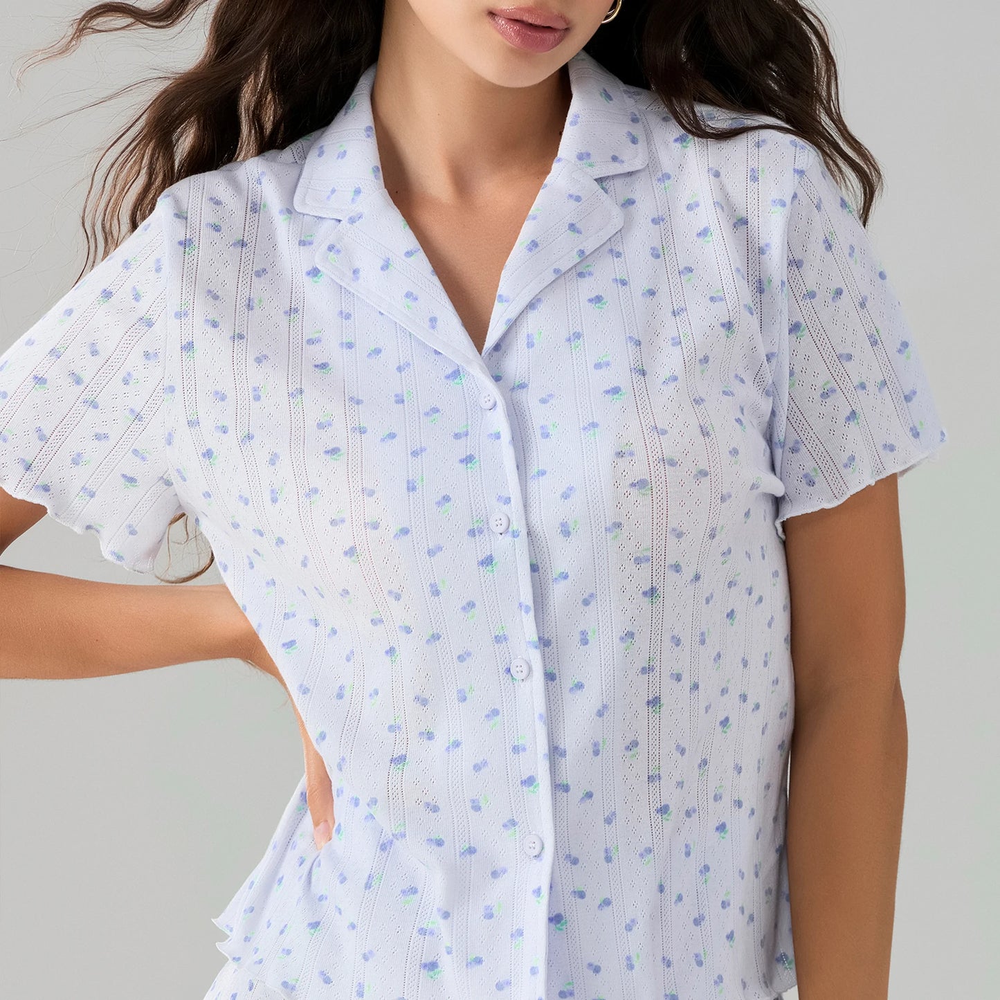 Women's Floral Pajama Set: Short Sleeve Top & Ruffled Hem Shorts