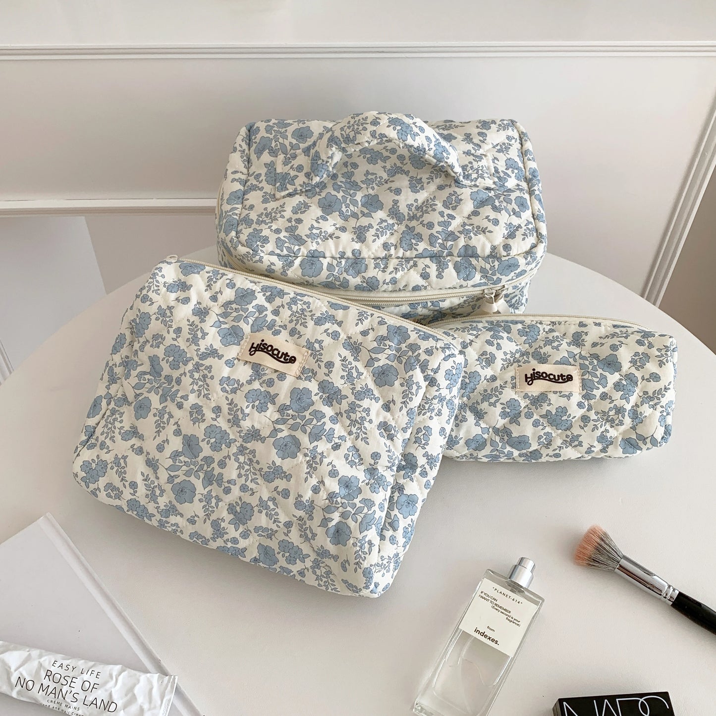 3-Piece Cotton Floral Cosmetic Bag Set