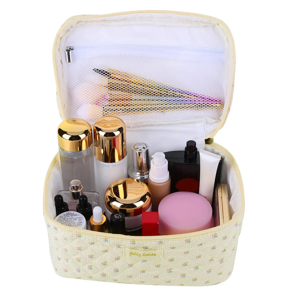 Quilted Cotton Makeup Bag - Large Floral Cosmetic & Toiletry Organizer