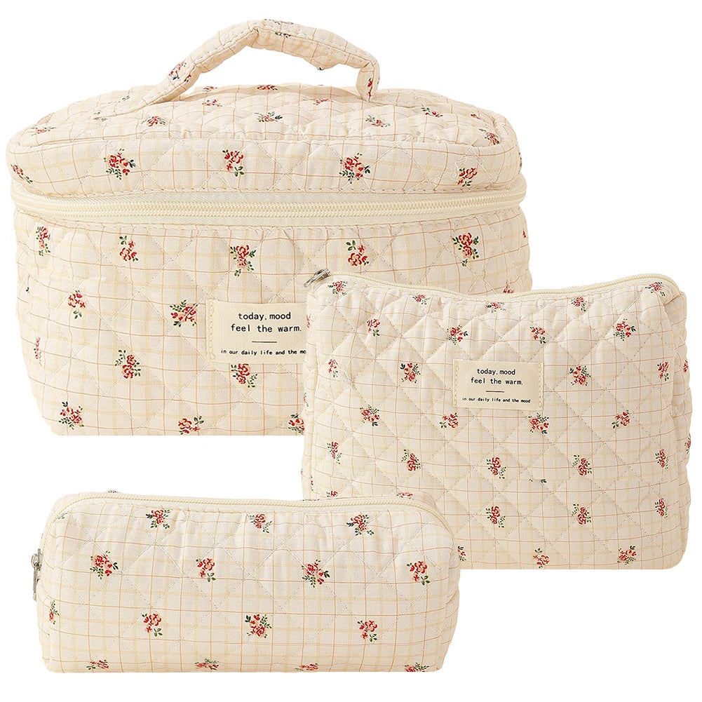 3pc floral quilted cosmetic bag set