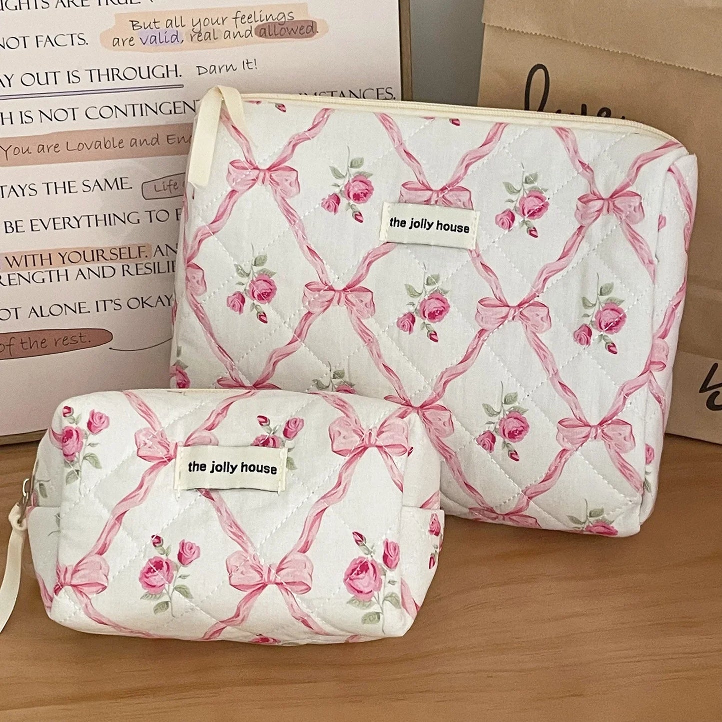 Cute Bow Flower Quilting Cotton Makeup Bag