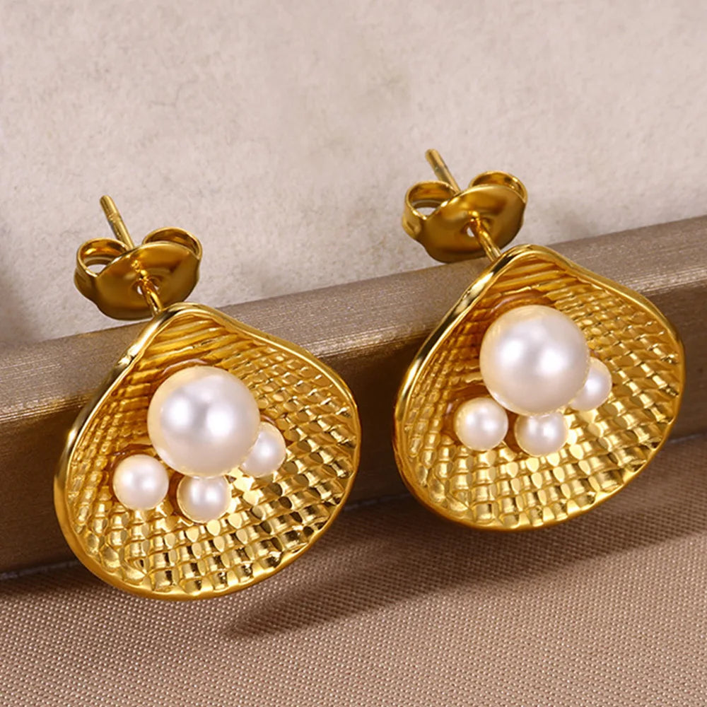 Shell Pearl Earrings, Stainless Steel Jewelry for Women