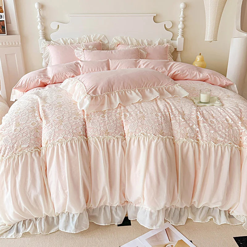 Korean Princess Bedding Set Hollow Lace Patchwork Solid Color