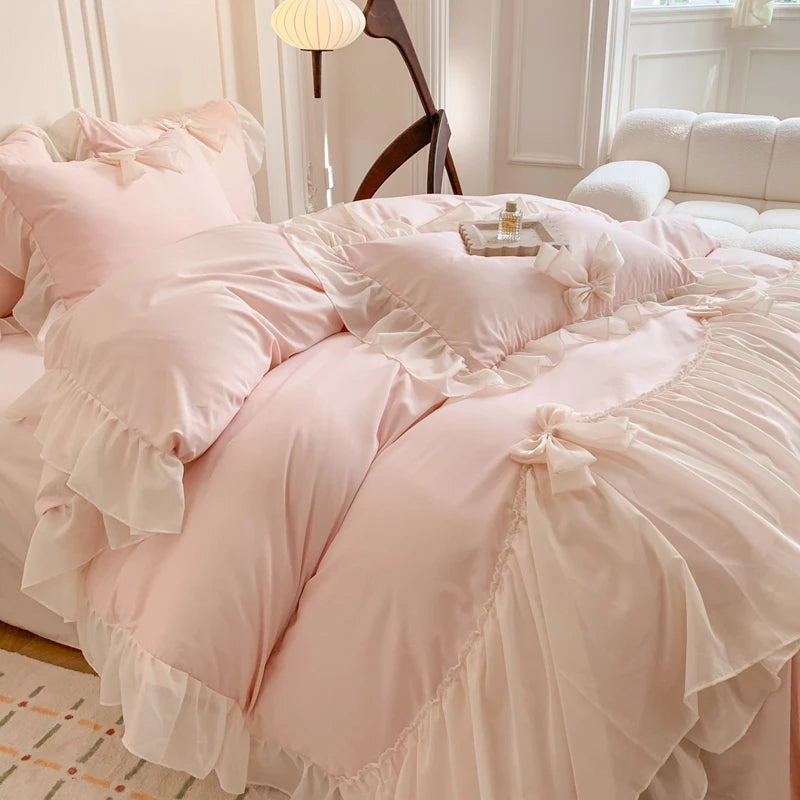 Korean Style Princess Lace Bow Bedding Set Pink Sweet Girl Chiffon Ruffles