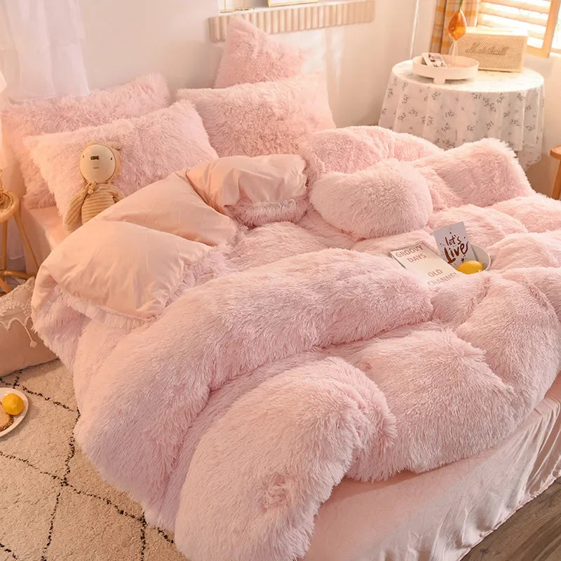 Luxury Winter Warm Long Plush Pink Bedding Set