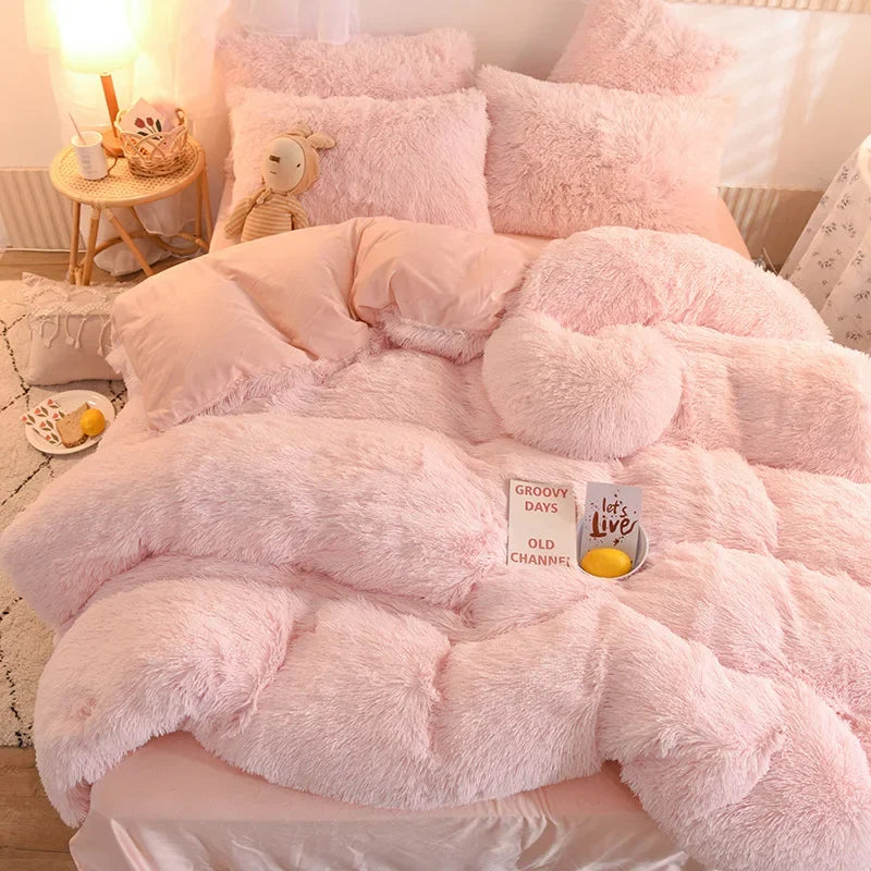 Luxury Winter Warm Long Plush Pink Bedding Set