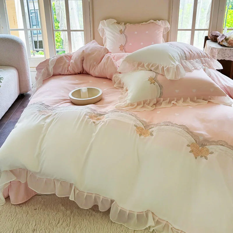 Rose Flowers Embroidery Lace Princess Wedding Bedding Set Soft Skin-friendly