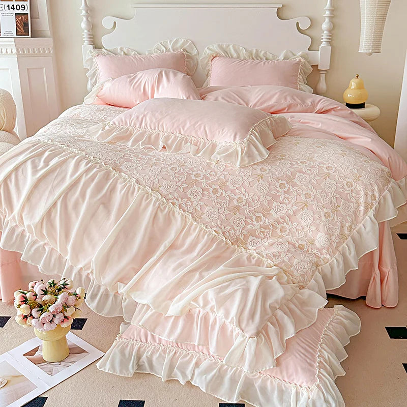 Korean Princess Bedding Set Hollow Lace Patchwork Solid Color