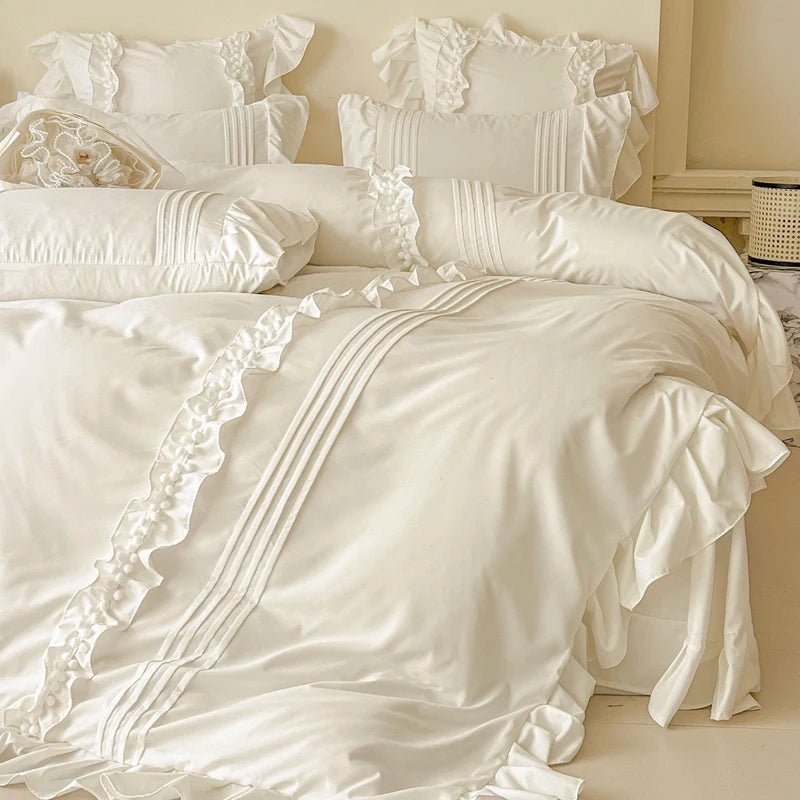 Korean Princess Style Lace Ruffles Bedding Set Solid Color