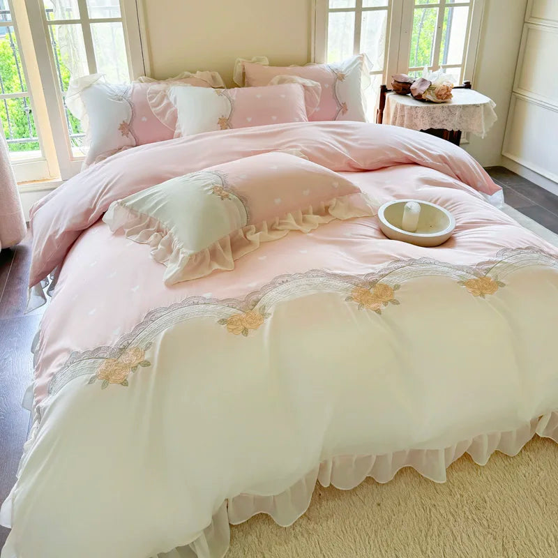 Rose Flowers Embroidery Lace Princess Wedding Bedding Set Soft Skin-friendly