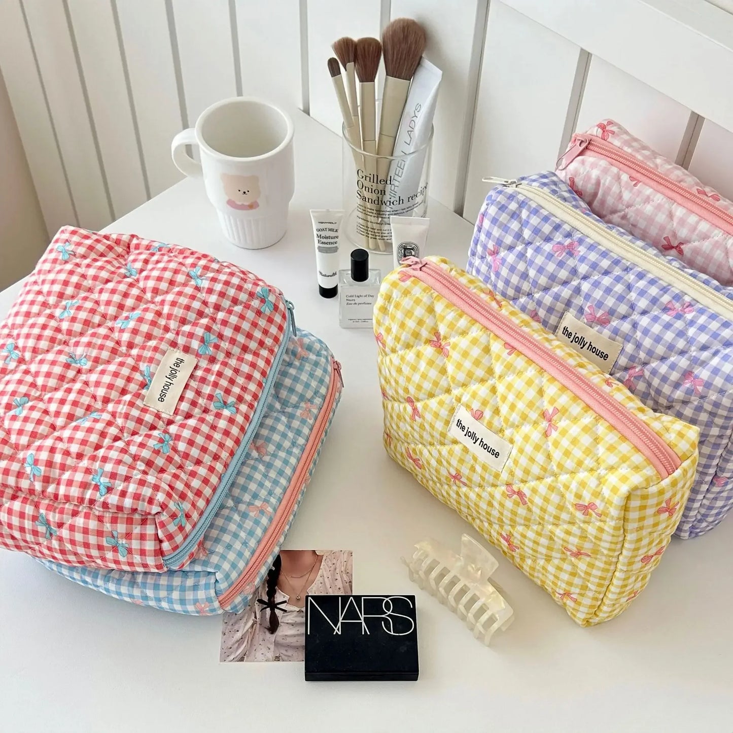 Cute Bow Cotton Makeup Bag Women Zipper Cosmetic Organizer