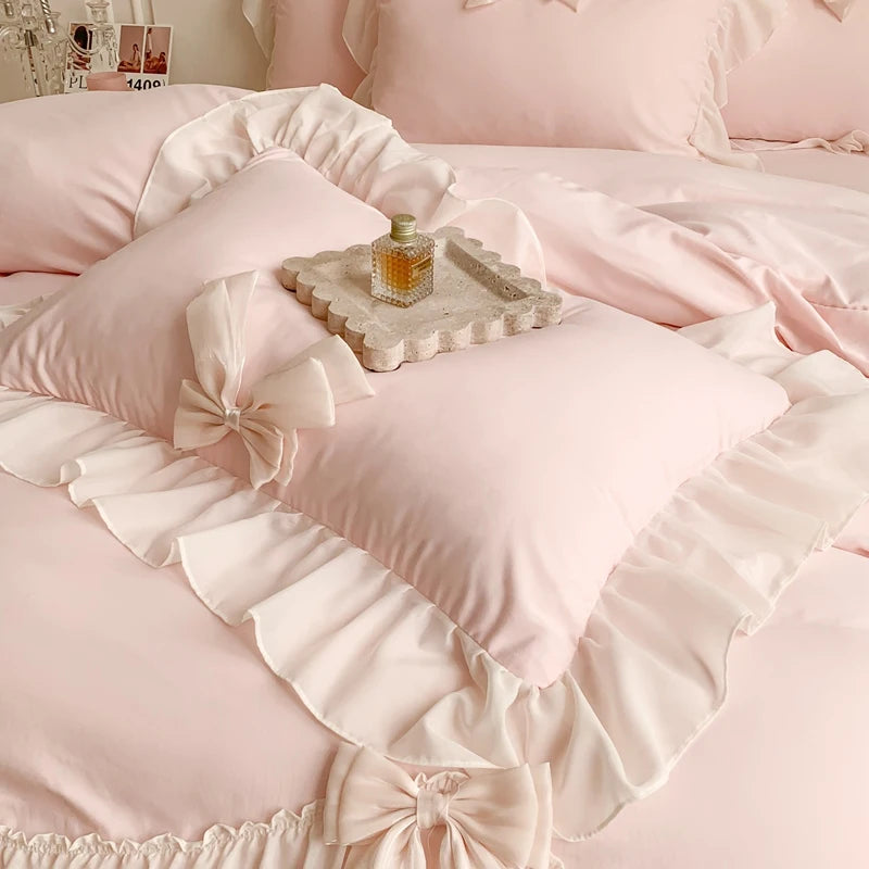 Korean Style Princess Lace Bow Bedding Set Pink Sweet Girl Chiffon Ruffles