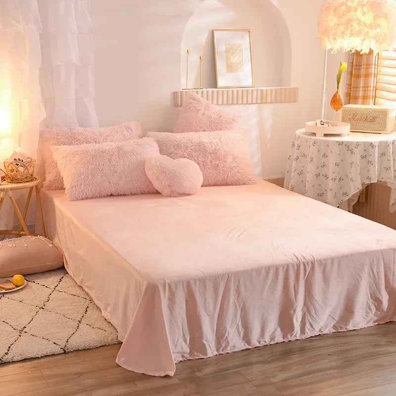 Luxury Winter Warm Long Plush Pink Bedding Set