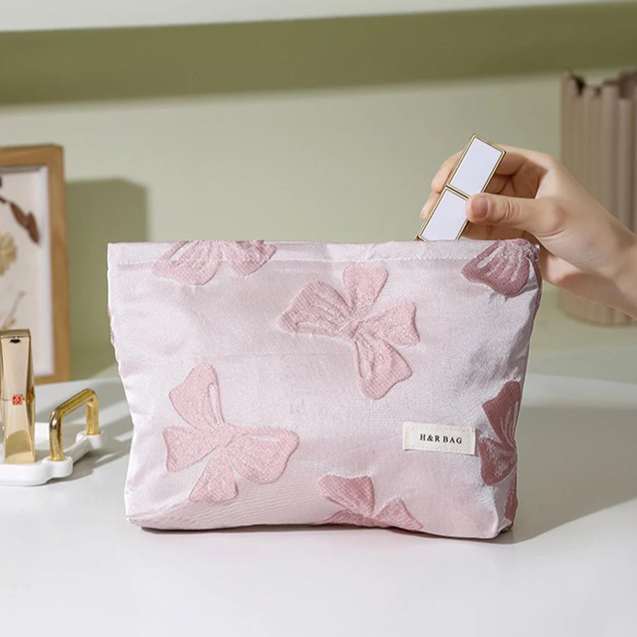 Pink Bow Makeup Bag: Large capacity, portable clutch for cosmetics and toiletries