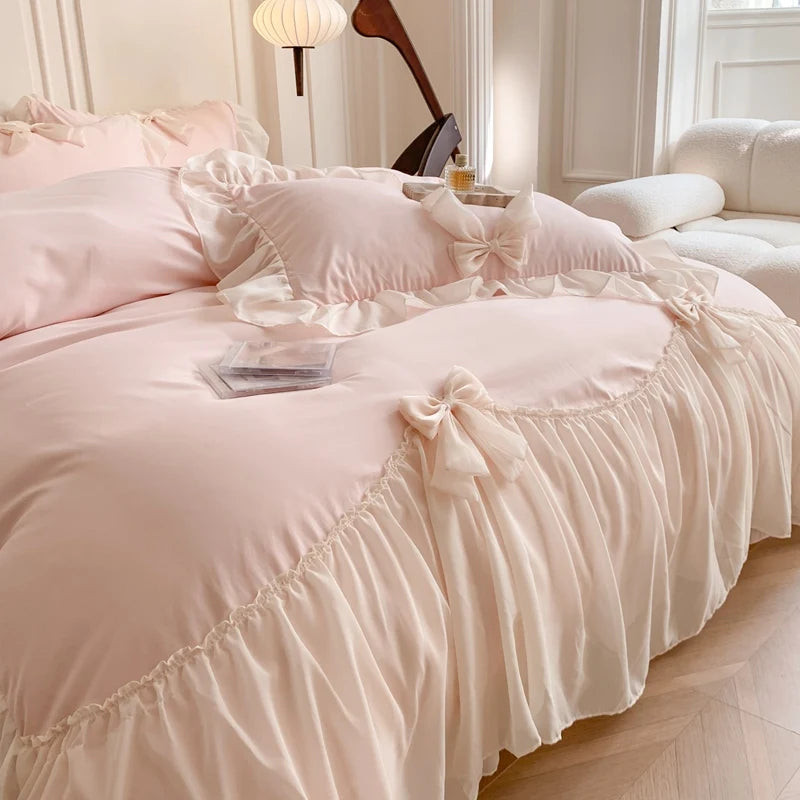 Korean Style Princess Lace Bow Bedding Set Pink Sweet Girl Chiffon Ruffles