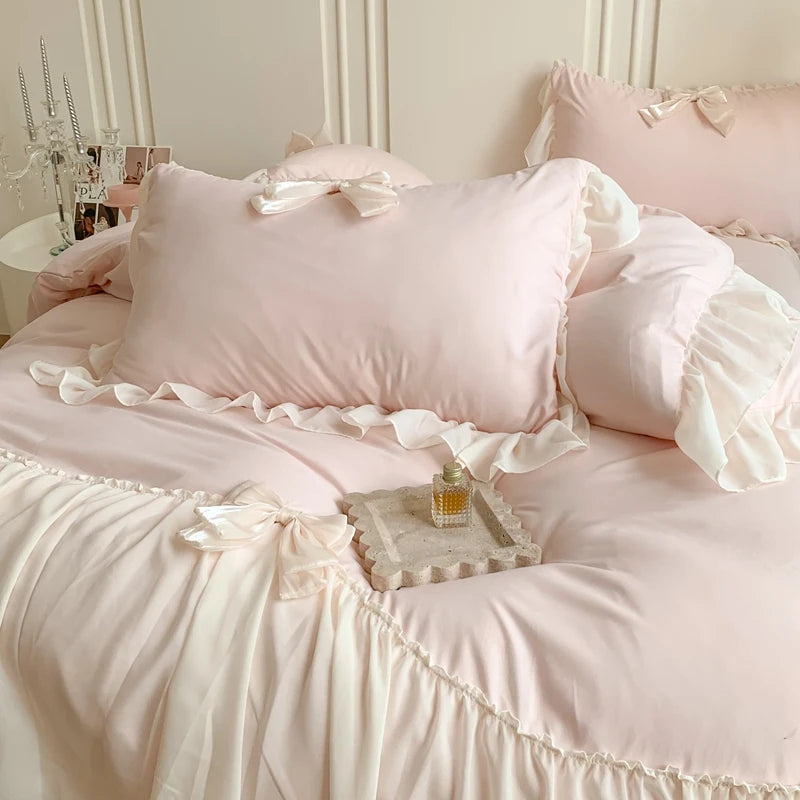 Korean Style Princess Lace Bow Bedding Set Pink Sweet Girl Chiffon Ruffles