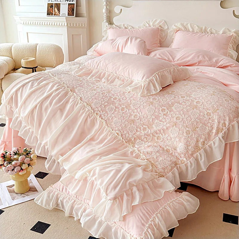 Korean Princess Bedding Set Hollow Lace Patchwork Solid Color