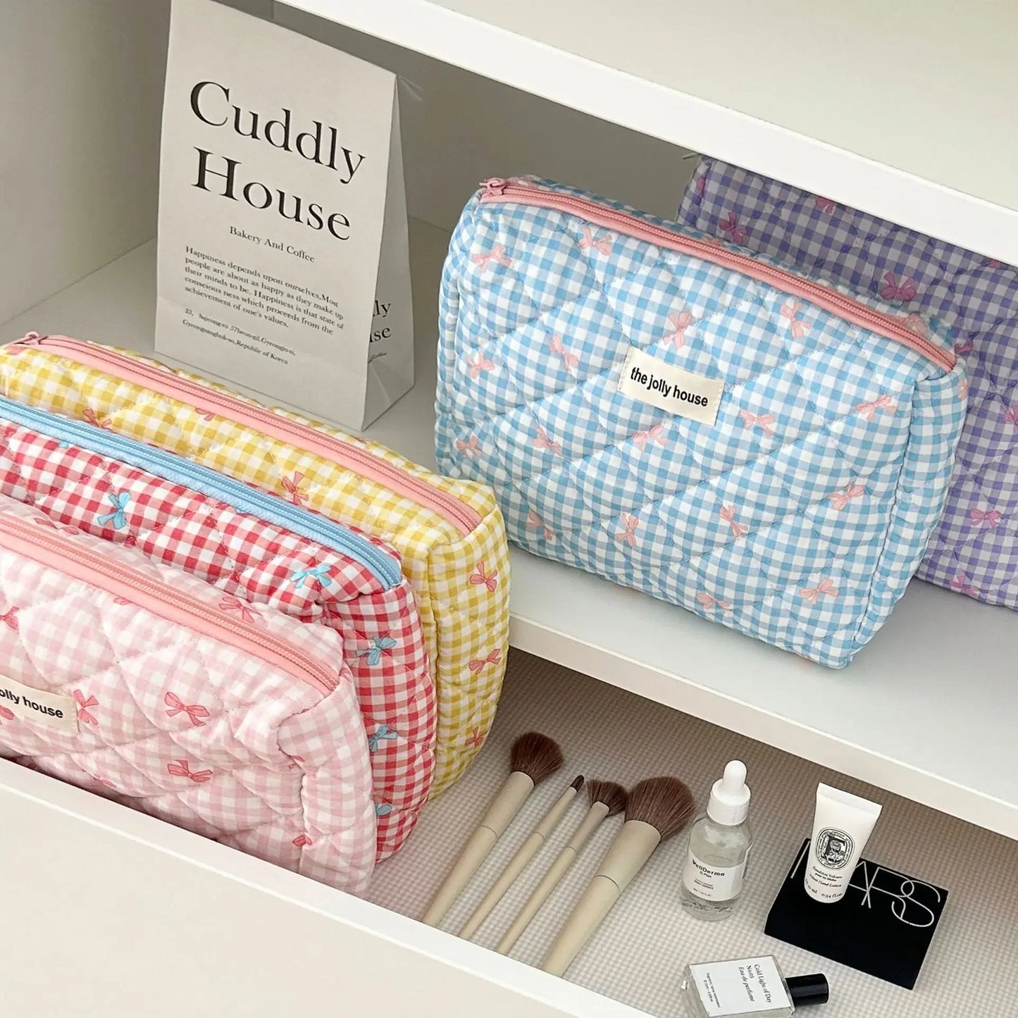 Cute Bow Cotton Makeup Bag Women Zipper Cosmetic Organizer