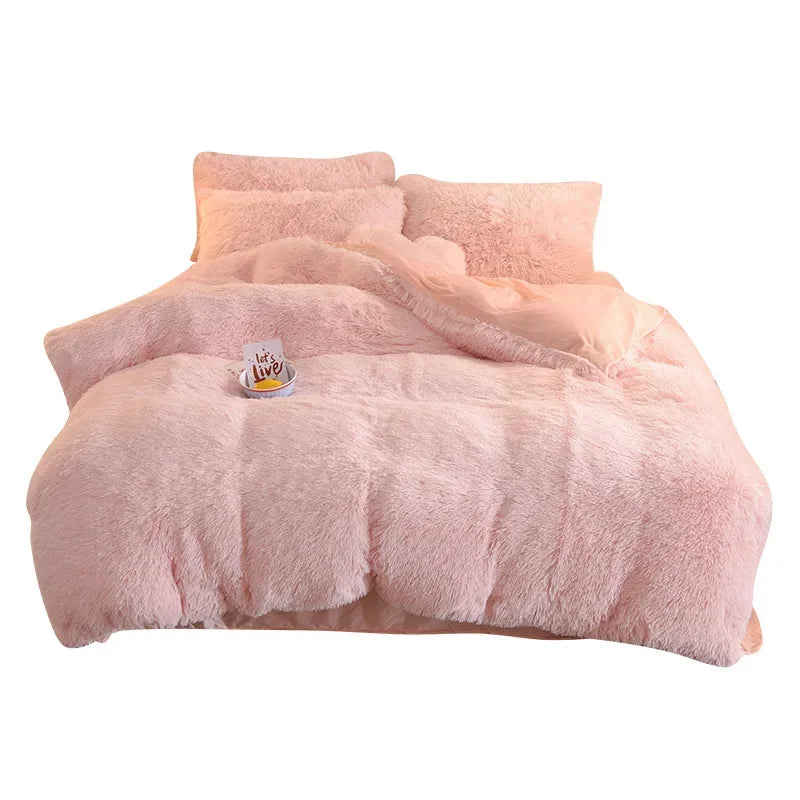 Luxury Winter Warm Long Plush Pink Bedding Set